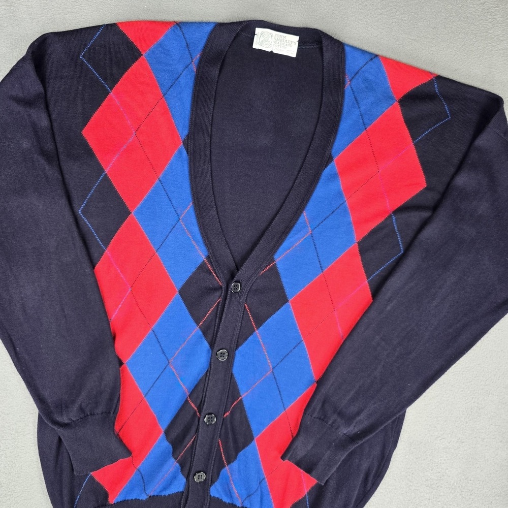 John Smedley Cardigan Sweater Mens Large Navy Argyle‎ Sea Island Cotton England